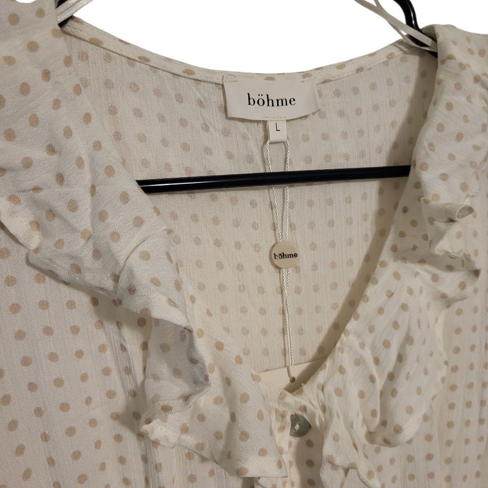 Bohme Ruffle Neck Polka Dot Flutter Sleeve Button Front Boho Midi Dress, L NEW - Picture 7 of 16